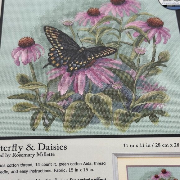 Dimensions BUTTERFLY & DAISIES Cross Stitch Kit   Pink Flowers #35249 NEW - Picture 2 of 9